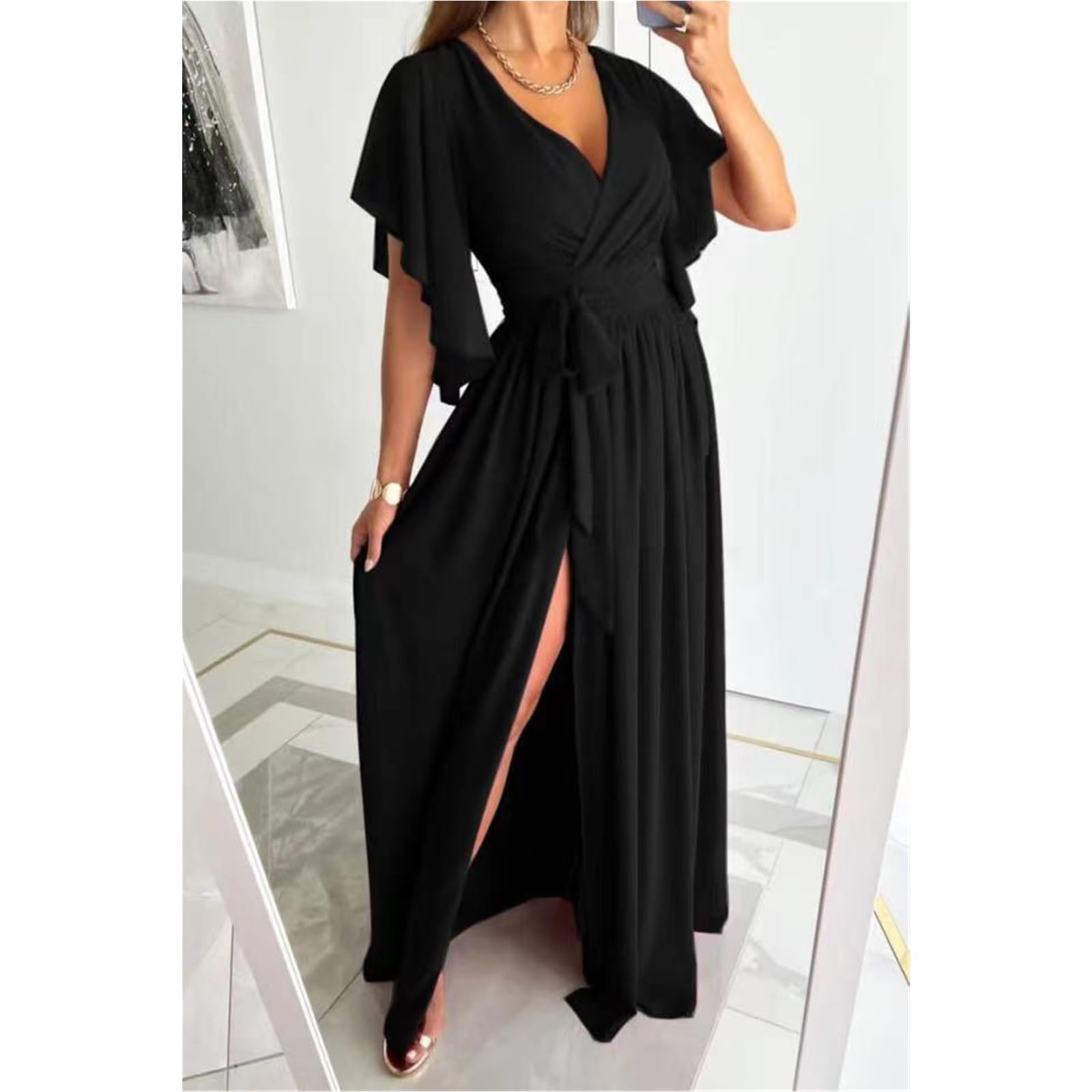 Abito Estivo Delle Donne Summer Maxi Casual Abito Lungo Sciolto Maniche Corte V-Neck Abiti, HUTALIM, Khaki, l
