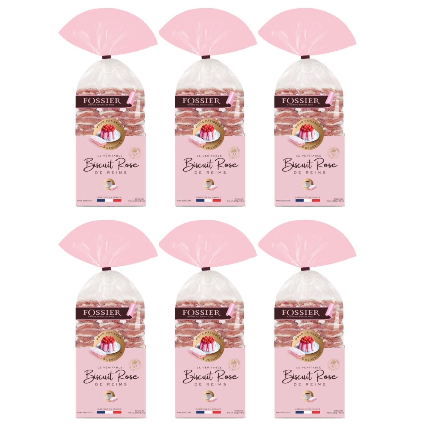 FOSSIER Biscuit Rose zarte rosafarbene Löffelbisquits Feingebäck französische Spezialität Frankreich inkl. FeinWert E-Book (6 x 250g)
