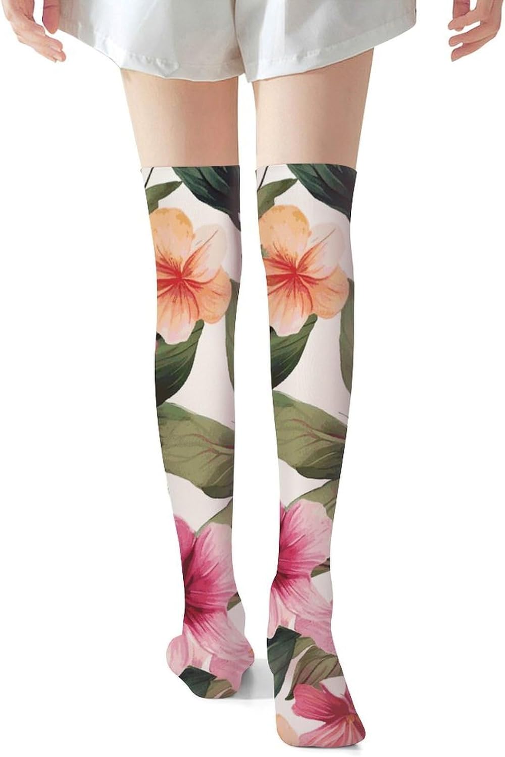 Hawaiian Flower Print Knee High Stockings for Women 23.6" Breathable Thigh High Stockings Over The Knee Socks