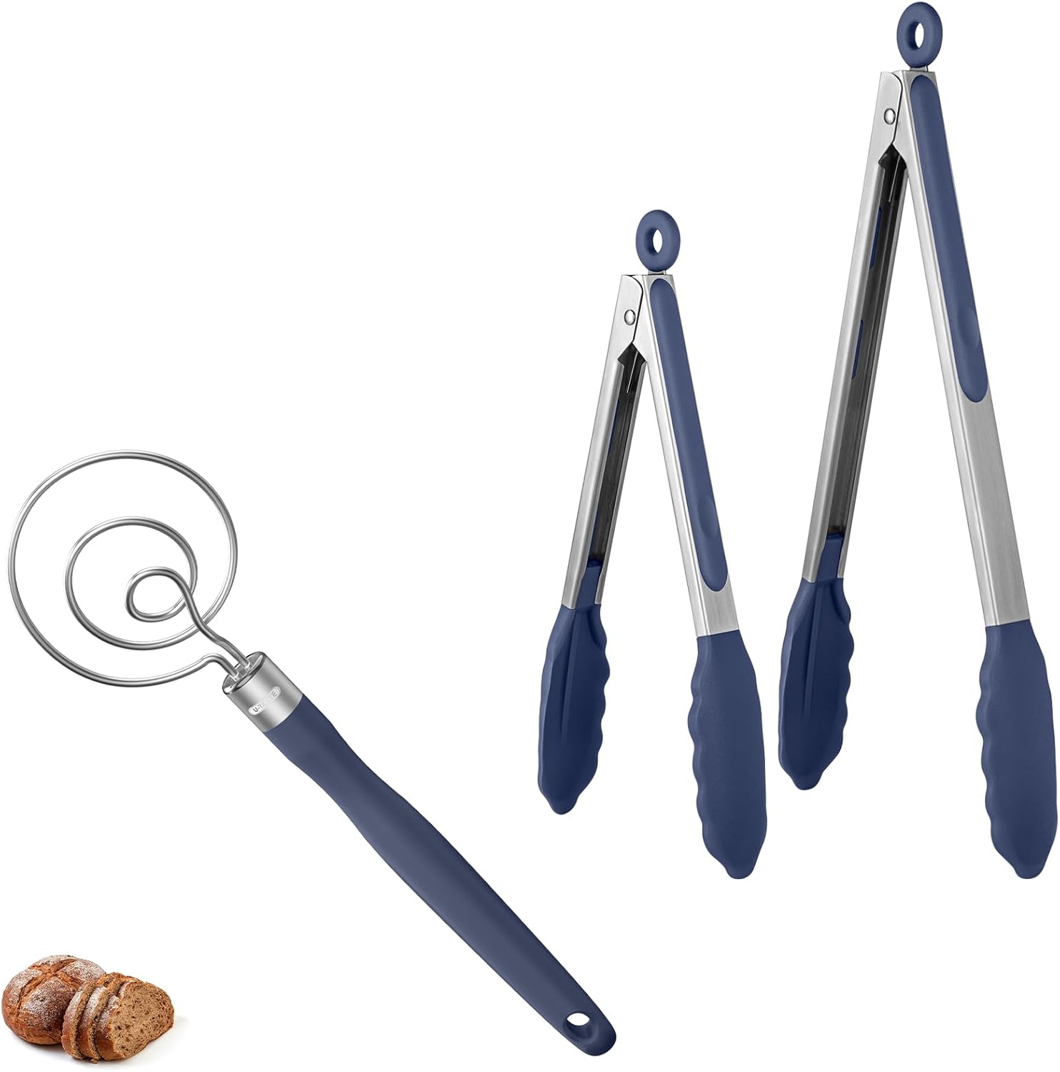 U-Taste 9+12 inch 600ºF Heat Resistant Silicone Kitchen Tong Set of 2 and 12.6in Stainless Steel Danish Dough Whisk (Midnight Blue)