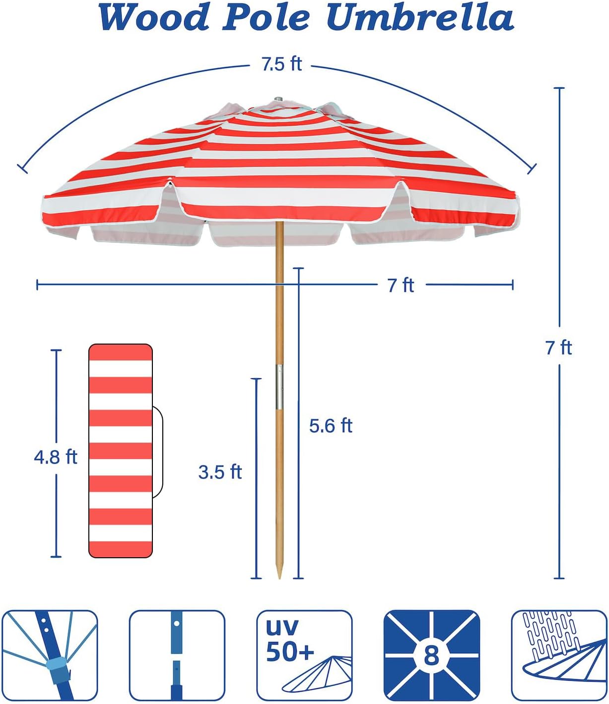 AMMSUN 7.5ft Heavy Duty HIGH Wind Beach Umbrella Commercial Grade Patio Beach Umbrella with Air Vent Ash Wood Pole & Carry Bag UPF50+ Protection Red White