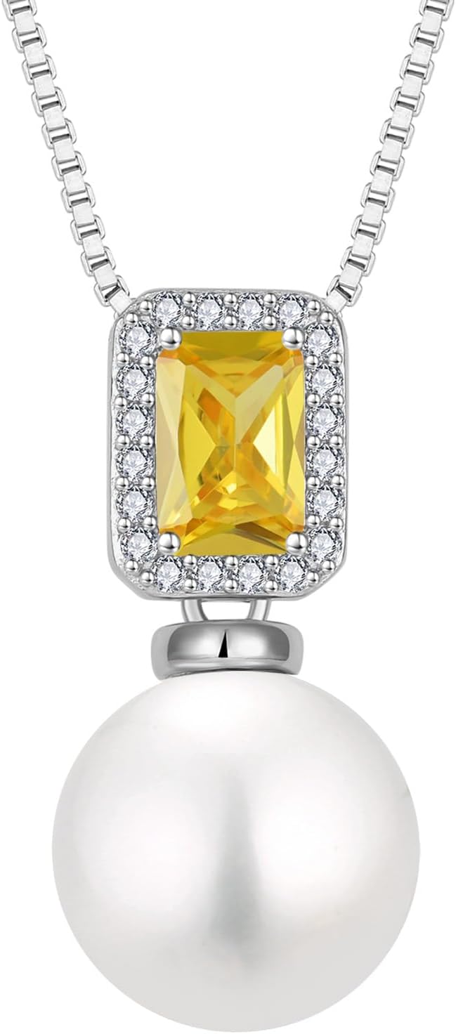 Pearl Necklace for Women 925 Sterling Silver Birthstone Pendant Necklace Emerald Cut Jewelry Gifts for Her