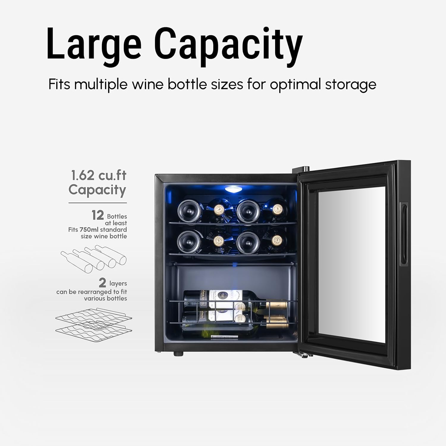 Yeego Wine Fridge, 12 Bottles Wine Cooler Refrigerator, 38-65℉ Freestanding Mini Fridge with Glass Door, Freestanding/Under Counter Wine Cooler for Home, Kitchen, Office, Dorm