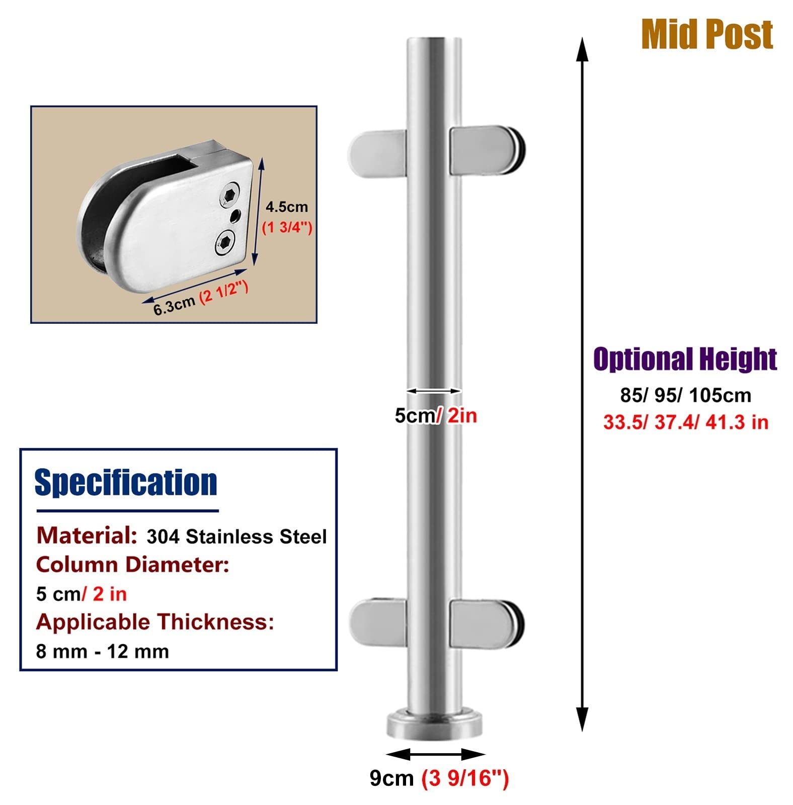 Postes de balaustrada de vidrio con abrazaderas de espiga para escaleras de ático, sistema de barandilla redonda con poste de valla de patio, kit de pasamanos interior y exterior