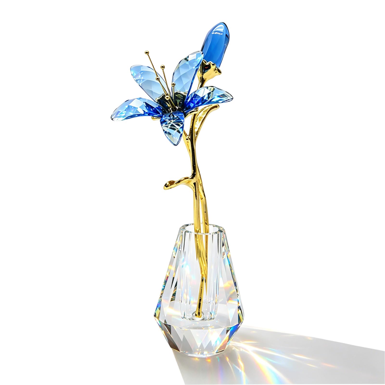 Hoypeyfiy Crystal Blue Lily Flower Figurine, Elegant Collectible Gifts for Women, Home Wedding Party Decor with Crystal Vase and Metal Stem