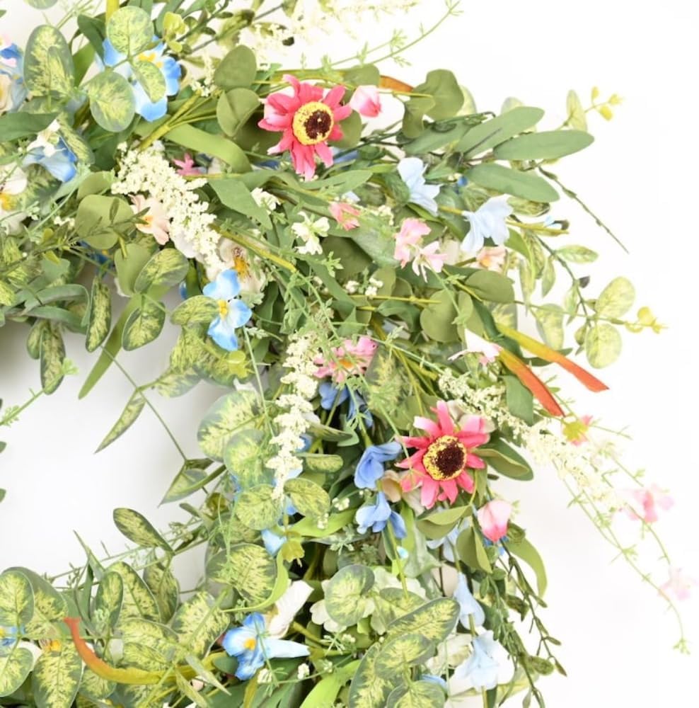 Wildflower Wreath, Floral Wreath, Spring Summer Wreath, 24 Inch Handcrafted Artificial Greenery with Pink Daisies, Bluebells & White Blossoms for Front Door, Wall, or Mantel Decor