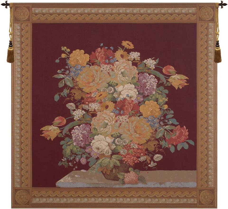 Elegant Masterpiece Wine Square European Tapestry - 60 in. x 58 in. Cotton/Viscose/Polyester/Mercurise by Jan Van Huysum