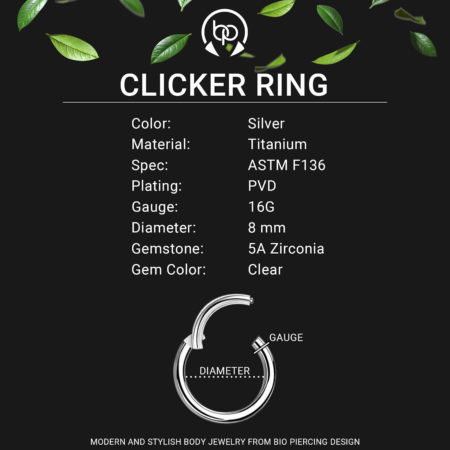 Titanium Clicker Ring with Chains and Crystal Heart, Conch Piercing Ear Hoop Rook Nose Huggie