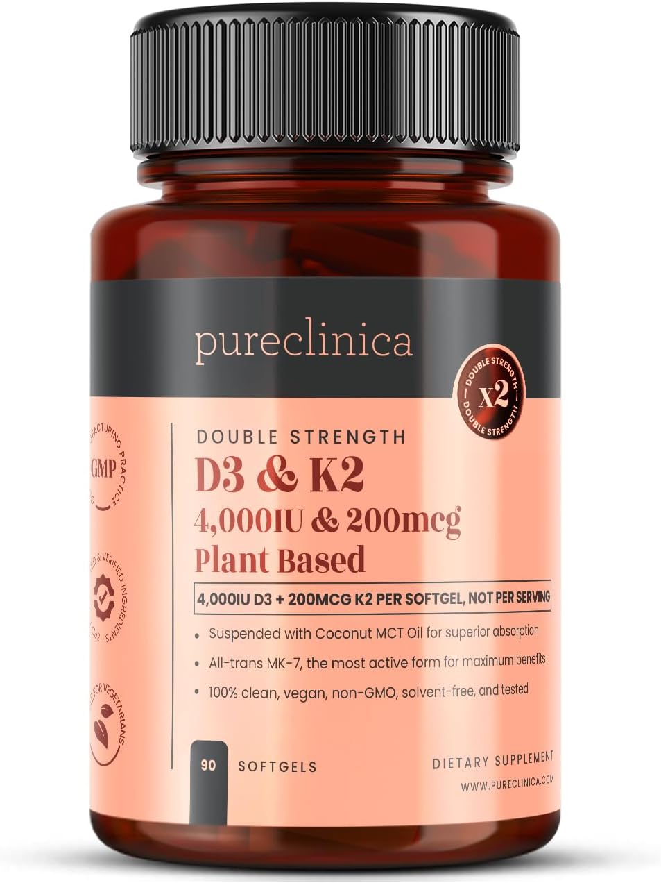 Double Strength Vitamin D3 + K2 (MK-7) – 4,000 IU D3 + 200mcg K2 x 90 Vegan Softgels – Plant-Based Lichen D3 & Natto MK-7 – Enhanced Absorption with MCT Oil – 3 Months Supply