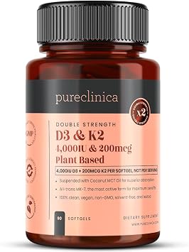 Double Strength Vitamin D3 + K2 MK-7   4,000 IU D3 + 200mcg K2 x 90 Vegan Softgels   Plant-Based Lichen D3 & Natto MK-7   Enhanced Absorption with MCT Oil - 3 Months Supply