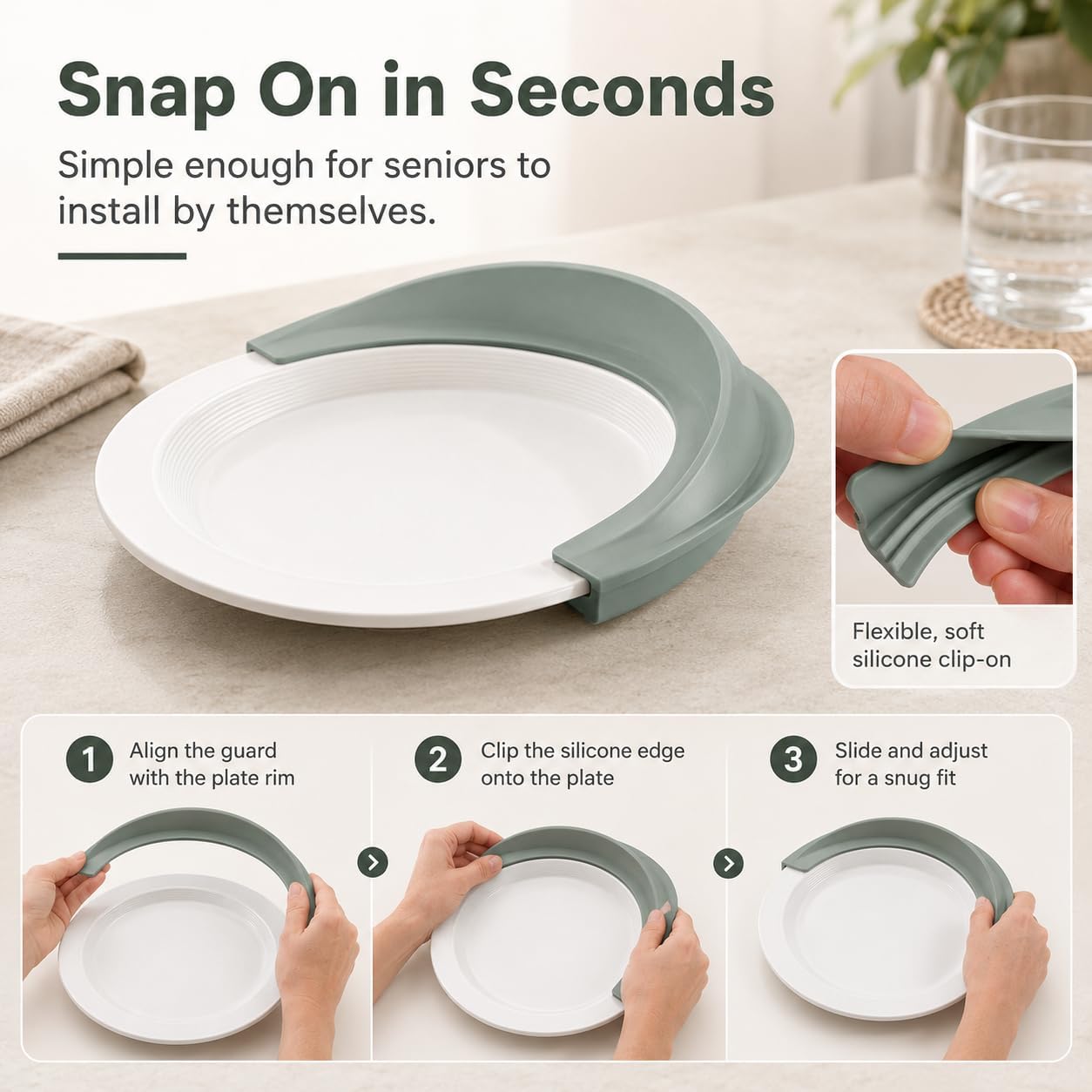 Silicone Plate Guard for Elderly, Plate Guards for Eating, Scoop Plate Aid, Parkinson Gadgets for Seniors, Curved Food Bumper for Shaky Hands, Reusable Dining Assist