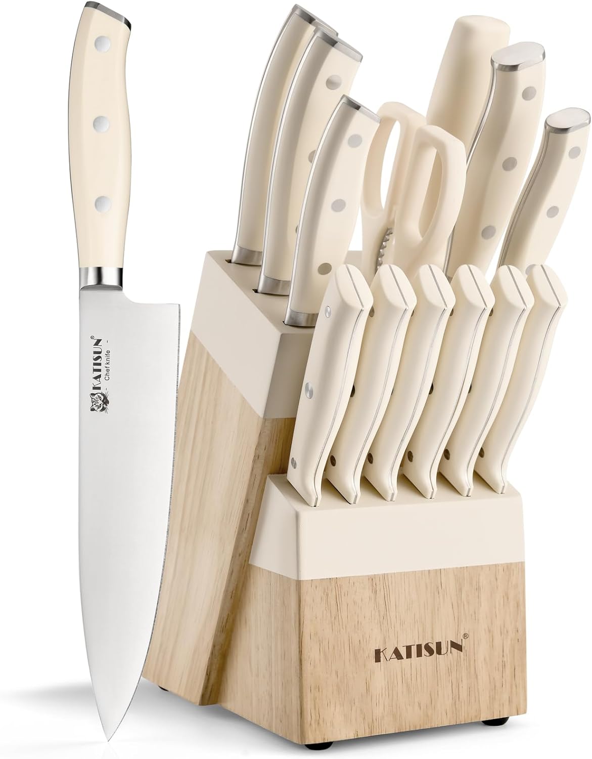 Kitchen Knife Set,14-Piece Knife Set With Block Wooden, Self Sharpening For Chef Knife Set, High Carbon German Stainless Steel Knife Block Set, Dishwasher Safe Cutlery, Cream