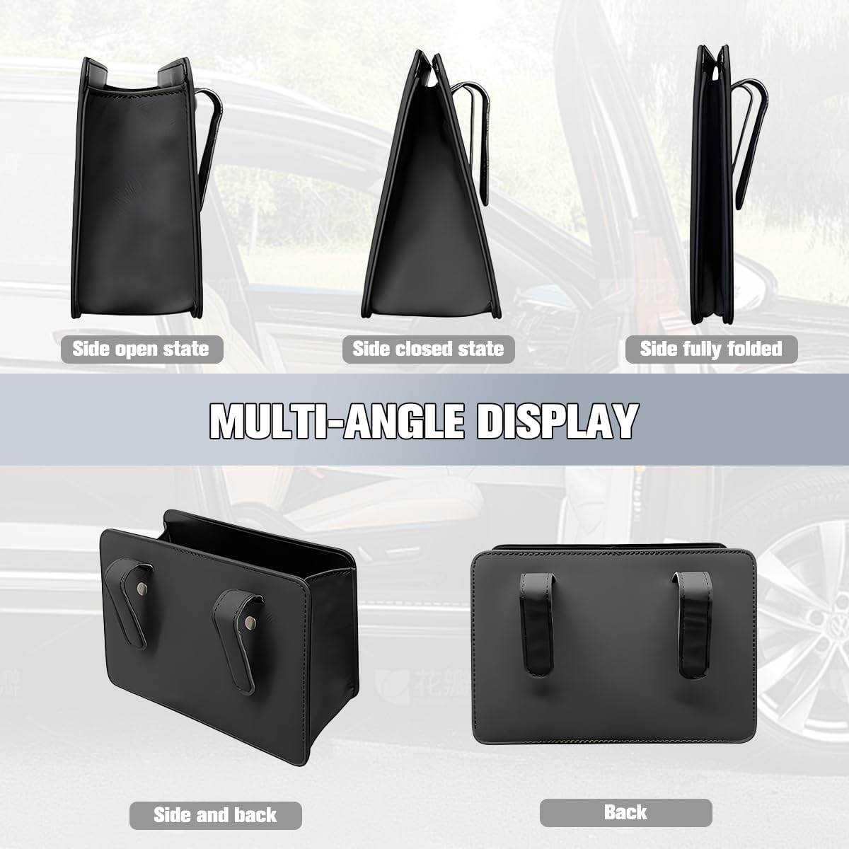 Foldable Car Trash Can, Hanging Large Capacity Leather Vehicle Garbage Organizer Bag with 2 Rolls Trash Bags, Multipurpose Waterproof Auto Dustbin Storage Holder, Universal Fit (Black)
