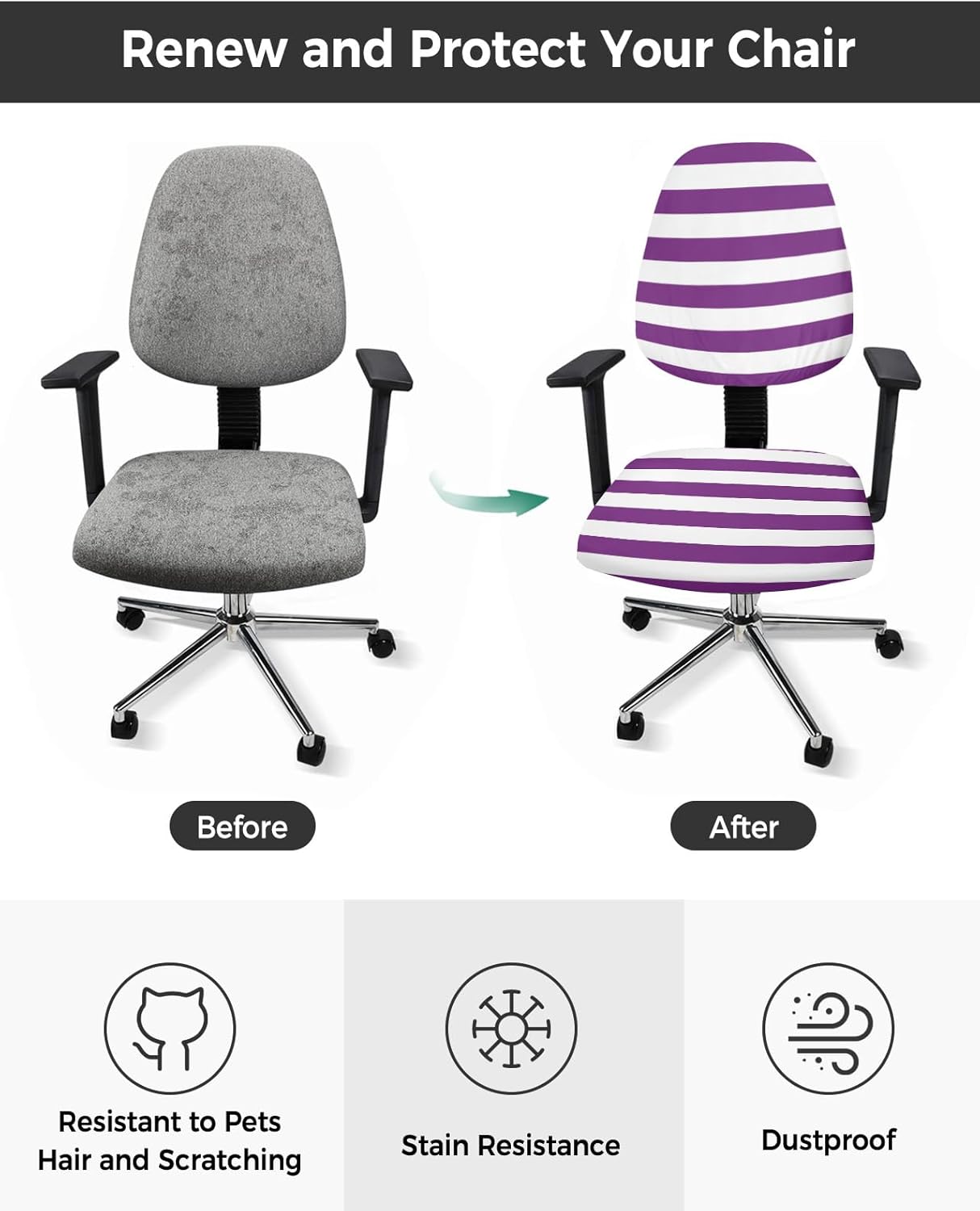 Purple Stripes Office Chair Cover Stretchable Computer Chair Seat Cover Backrest Slipcovers, Stretchable Rotating Desk Chair Seat Cushion Split Protectors Simple Purple White Texture
