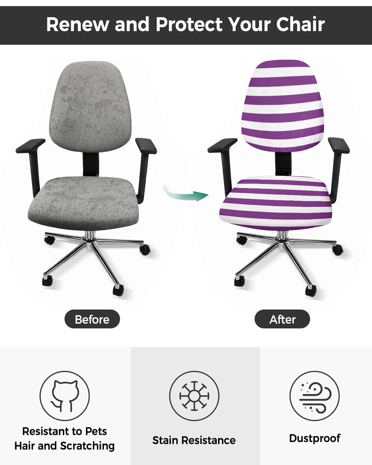 AMZRicher Purple Stripes Office Chair Cover Stretchable Computer Chair Seat Cover Backrest Slipcovers, Stretchable Rotating Desk Chair Seat Cushion Split Protectors Simple Purple White Texture