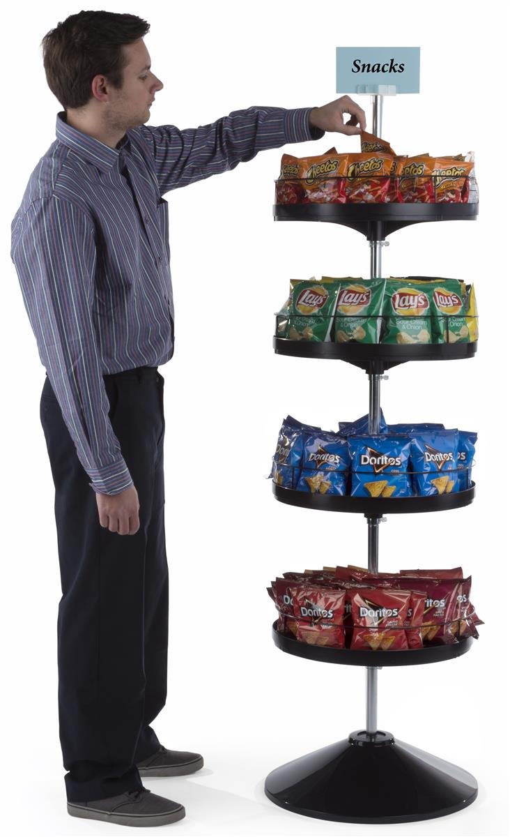 Displays2go, Rotating Tiered Floor Stand, Plastic and Zinc Plated Steel Construction – Black Finish (TRFLDIS4TR)