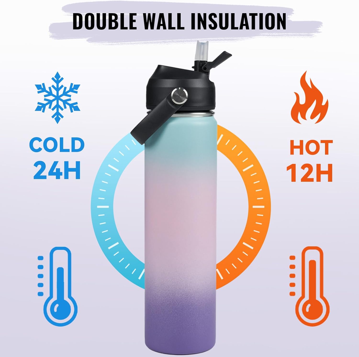 24oz Insulated Stainless Steel Water Bottle, Wide Mouth Double Wall Vacuum, Silicone Straw, Sweat & Leak Proof, BPA Free Insulated Water Flask for Travel, Keep Cold 24h Hot 12h, Pink - Image 6
