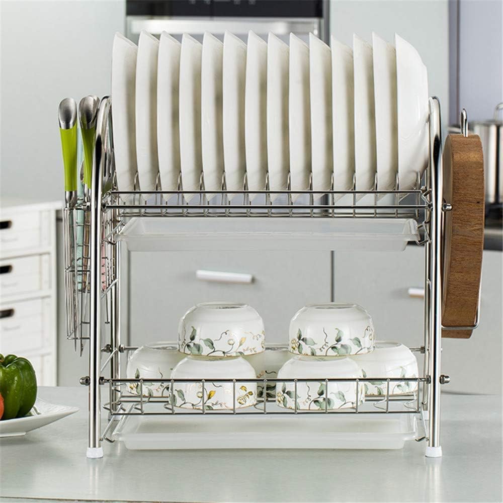 Dish Rack Drip Tray and Drain Cutlery Holder Stainless Steel 2 Tier Dish Drainer Dish Rack Dish Cup Drying Rack