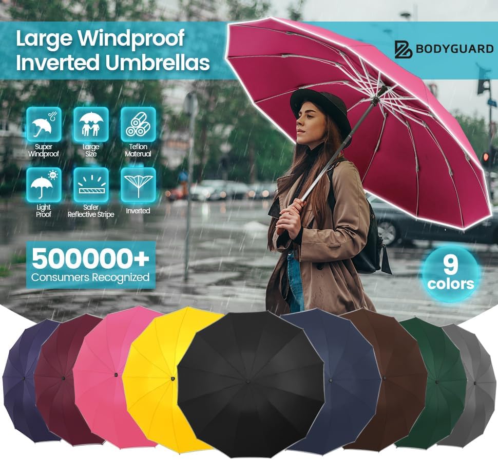 Bodyguard Inverted Umbrella - Large Windproof for Rain & Sun, Compact Reverse With Reflective Stripe, Teflon-Coated for Women Men, Travel Folding With Cover Bag - Image 8