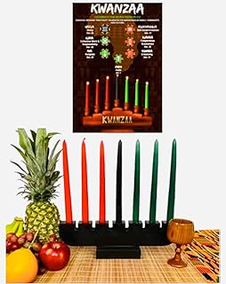 Authentic Black Kinara Wood Candle Set with Kwanzaa Poster, 7 Candles, Unity Cup, Bamboo Mat, Kwanzaa Celebration Decoration, African American Holiday Art