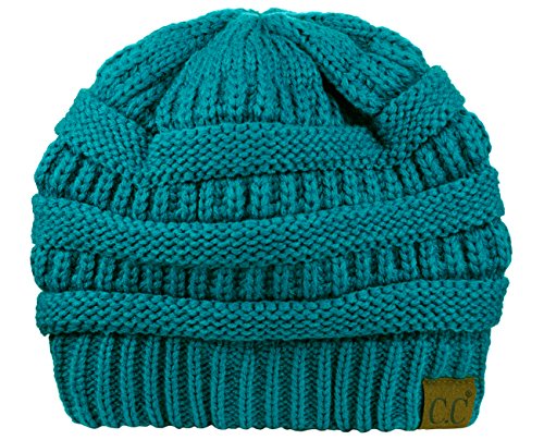 C.c Unisex Chunky Soft Stretch Cable Knit Warm Fuzzy Lined Skully Beanie, Teal #TOP3