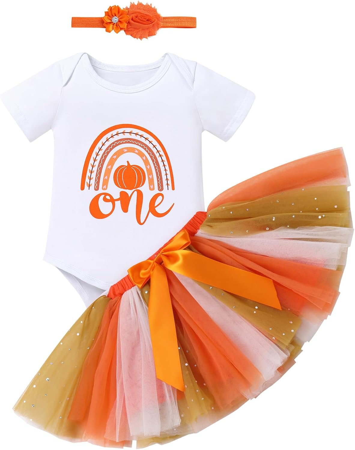 IMEKIS Toddler Baby Girl Half 1st Birthday Outfit Fall Pumpkin Romper Tutu Skirt Headband Thanksgiving Cake Smash Photo Shoot