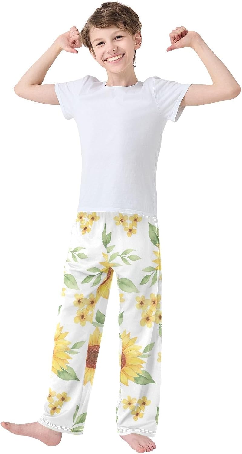 Yellow Sunflower Watercolor Pajama Pants Soft Modal Stretch Sleepwear with Pockets and Elastic Waist