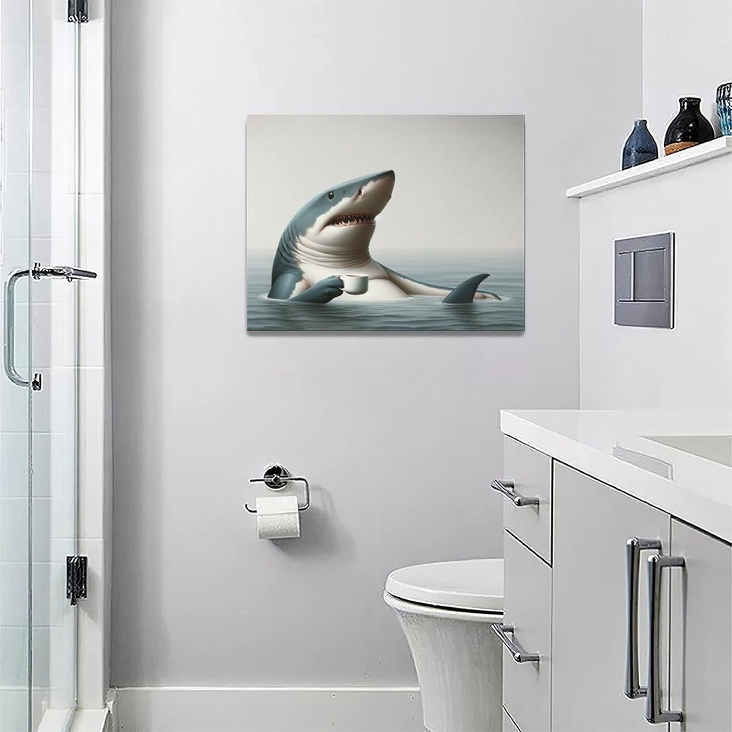 yowecso Funny Shark Wall Art Sea Bathroom Decor Canvas Print 16" L x 12" W image 5