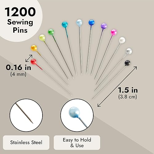 Miniatura 4 de Juvale Alfileres de costura con cabezas de bola de colores, 1200 piezas, 12 colores, 1.5 pulgadas de largo, alfileres de cabeza de bola de acero