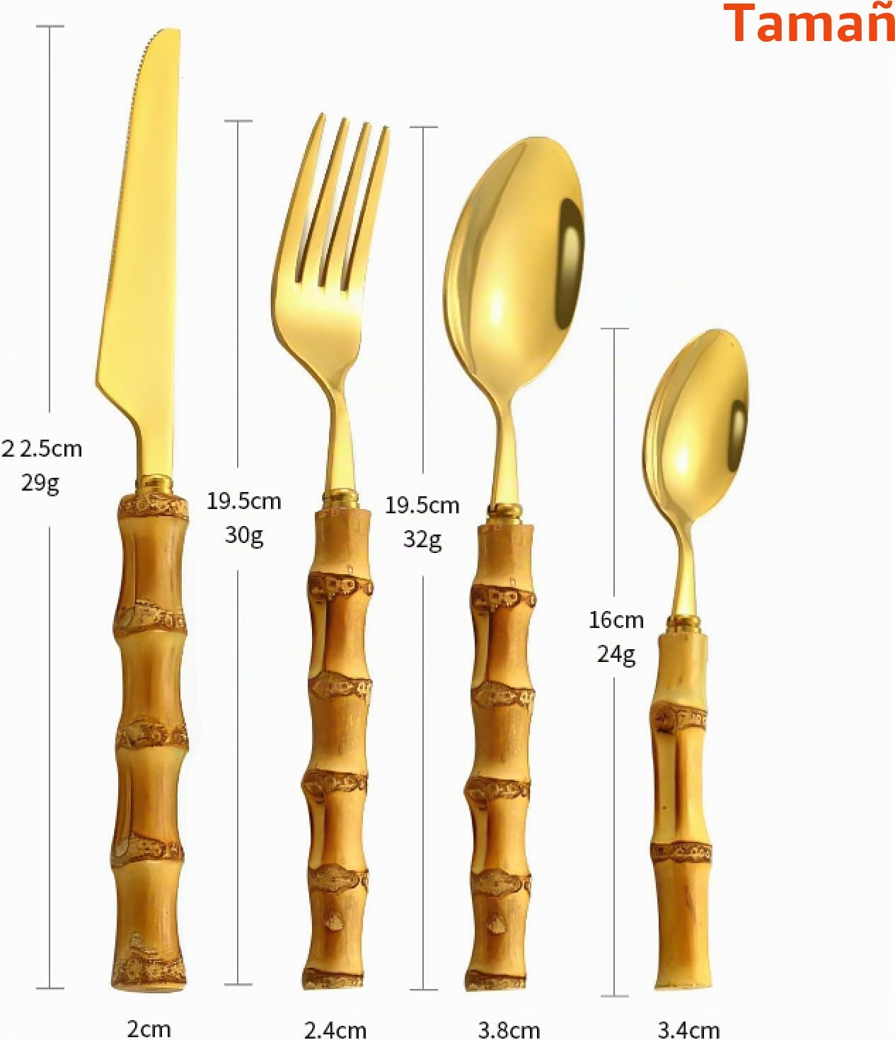 Juegos De Cubertería Juego De Vajilla De Acero Inoxidable Con Mango De Bambú Puramente Natural Juego De Cubiertos Juego De Vajilla Juego De 32Uds Dorado