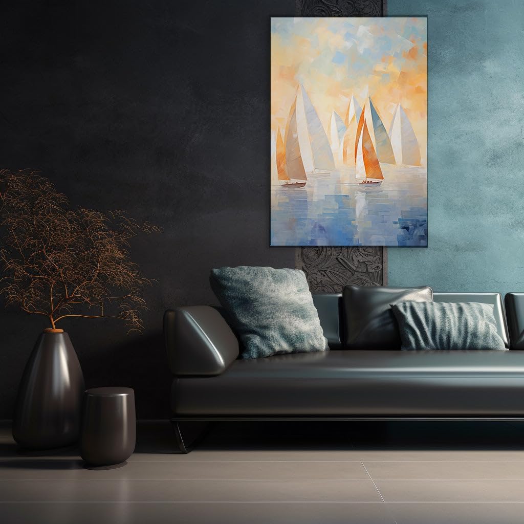 Canvas for Living room. Sailing into Serenity A Panorama of Sailboats Against the Blue and Golden Sky, 27 x 18 inch Canvas Wall Art - Contemporary Masterpieces - Modern Home Decor