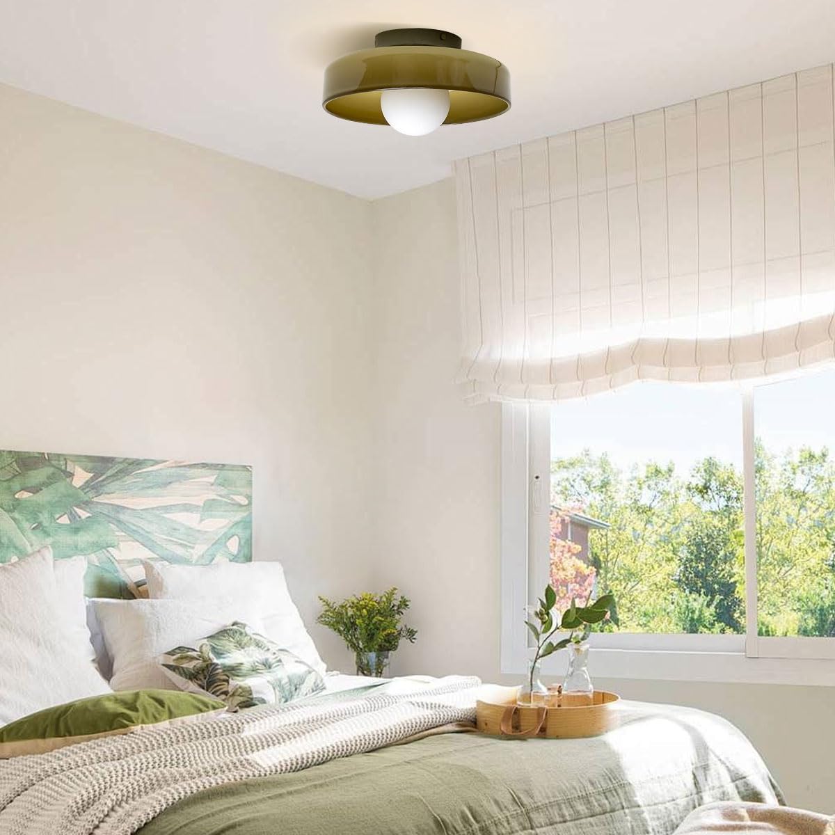 Green Ceiling Light Fixture Hallway Flush Mount Ceiling Light Mid Century Modern Ceiling Lamp with Round Dome Glass Shade, Vintage Glass Ceiling Light for Dining Bedroom Kitchen 13.8in