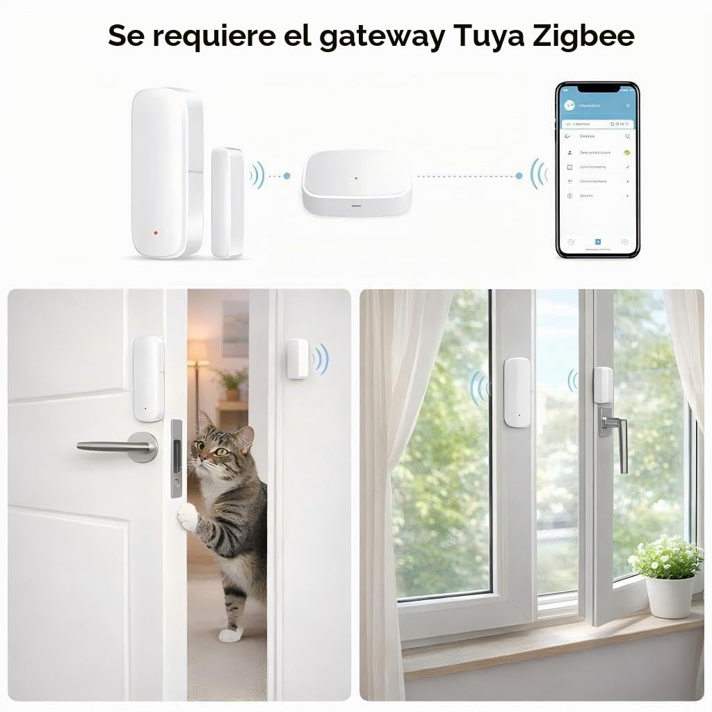 Sensor de puerta y ventana Zigbee inteligente, requiere Hub Zigbee, compatible con Alexa/Google Home/Home Assistant/Tuya, Detector inalámbrico de contacto de ventana para sistema de alarma, No se