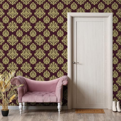 VaryFloral Victorian Damask Wallpaper Peel and Stick Vintage Red Gold Damask Floral Contact Paper for Cabinet Shelf Door Removable Textured Golden Retro Wallpaper for Bedroom Living Room 17.7"x157" by VaryFloral - Image 5