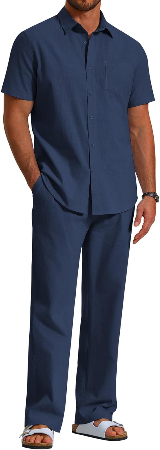 COOFANDY Men's 2 Piece Linen Beach Outfits Short Sleeve Button Down Shirts Loose Pants For Men