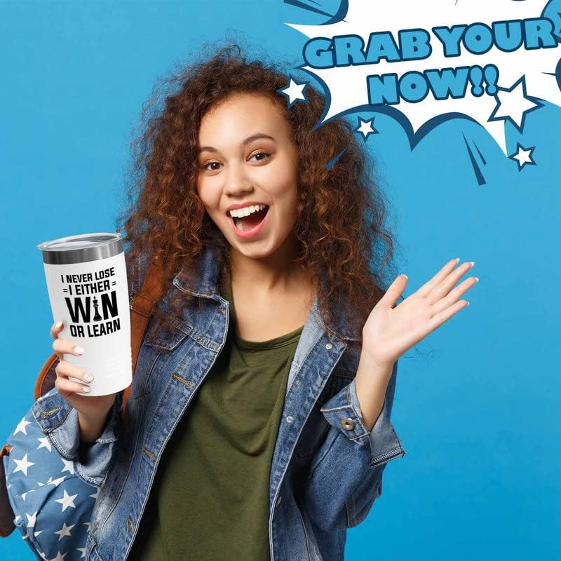 Miniatura 6 de Vaso de ajedrez edición blanca de 20 onzas - I Never Lose - Regalo divertido para ajedrez, atleta, instructor, deportista, pensamiento lógico, juego