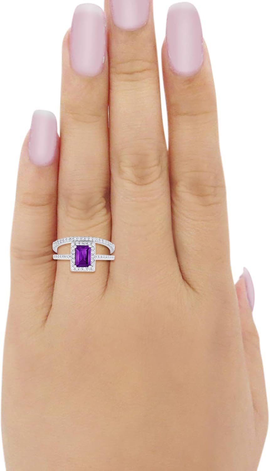 Blue Apple Co. Halo Radiant Cut Wedding Engagement Ring Band Two Piece Bridal Set 925 Sterling Silver