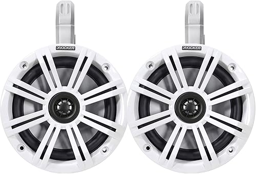 Kicker - 1 par (2) de altavoces de audio coaxiales marinos coaxiales de 6.5 pulgadas de 2 vías y 195 vatios de potencia máxima con rejillas blancas,