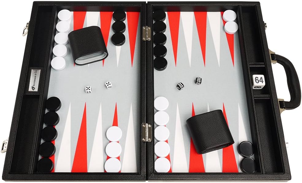 16-inch Premium Backgammon Set - Medium Size - Black Board, White and Scarlet Red Points