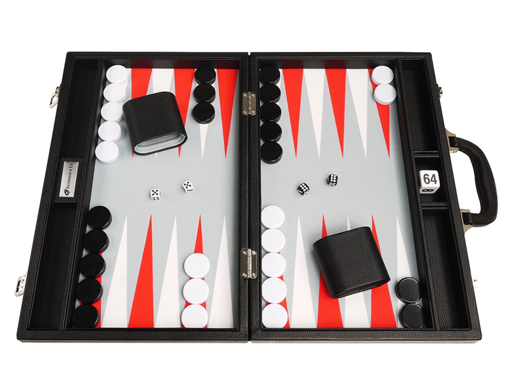 Silverman & Co. Zestaw Premium Backgammon 40 cm - średni rozmiar - czarna deska, białe i szkarłatne czerwone punkty