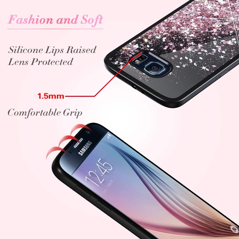 Caka Galaxy S6 Case, Galaxy S6 Glitter Case Starry Night Series Luxury Fashion Bling Flowing Liquid Floating Sparkle Glitter Girly Soft TPU Black Case for Samsung Galaxy S6 (Rose Gold)