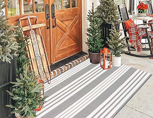 Front Porch Rug 24'' X 51'' Grey And White Striped Outdoor Rug Washable Front Door Mat Entryway Rugs Cotton Hand-Woven Indoor/Outdoor Layered Doormats For Laundry Room/Bathroom/Bedroom/Living Room #TOP6