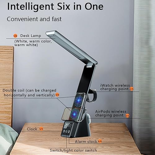 Miniatura 8 de IHAO Lámpara de escritorio LED plegable multifuncional 6 en 1 con cargador inalámbrico, despertador digital, iluminación para el cuidado de los