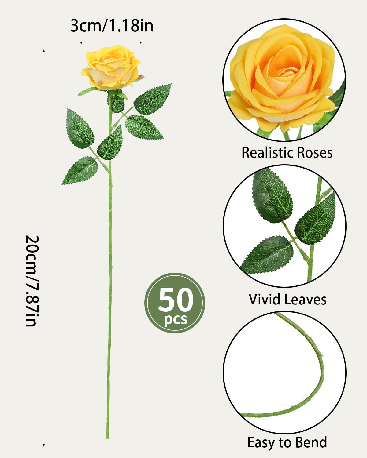 LFF 50Pcs Realistic Yellow Artificial Roses - Premium Velvet Faux Flowers for Wedding Bouquet, Centerpieces, Home & Party Decoration(Yellow)