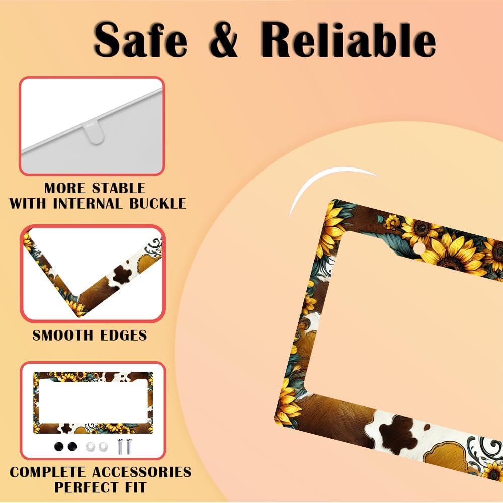 Sunflower Cow Print License Plate Frame 2 Pack - Western Floral 6x12 Inch Plastic License Holder with Screws, Universal Fit for US Cars/Trucks image 4