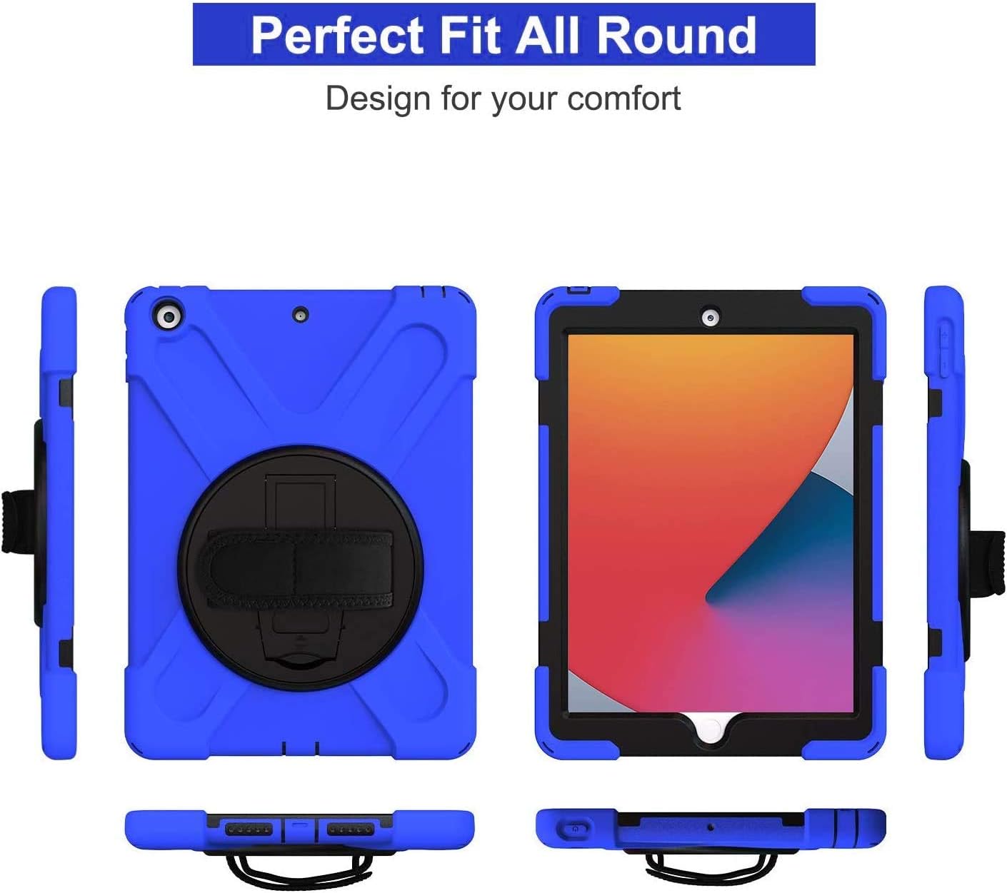 Black Friday - 40% OFF Gerutek iPad 10.2 8th / 7th Generation Case with 9H Temper Glass Screen Protector, Rotating Kickstand, Hand/Should Strap, Heavy Duty Shockproof Full Body Drop Protective Case for iPad 10.2, Blue