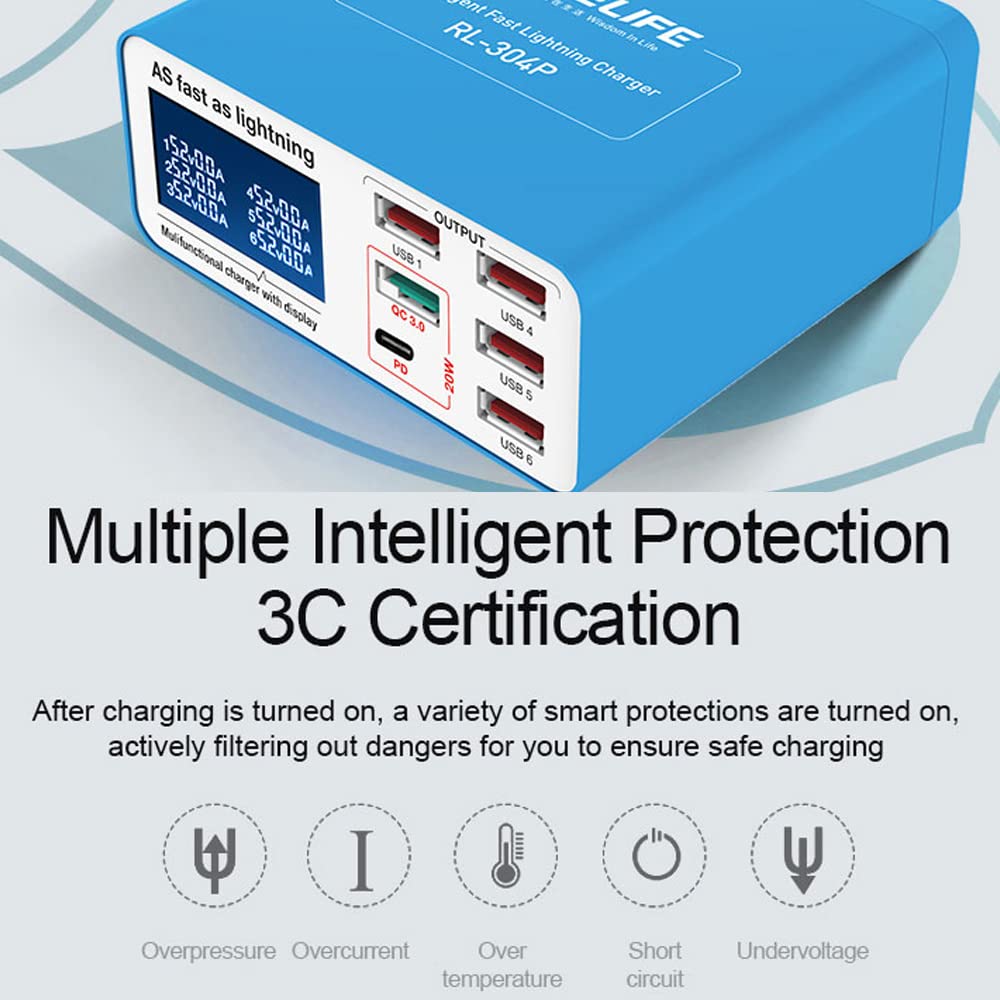 Potente pantalla LCD Cargador rápido USB con múltiples puertos Compacto inteligente USB QC3.0 Cargador rápido de gran compatibilidad, múltiples funciones de protección