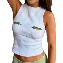 Beaded Grunge Tank Tops Y2k Sleeveless Crop Top Cute Women Whimsy Twee Flower Graphic Baby Tee Emo 2000s Streetwear