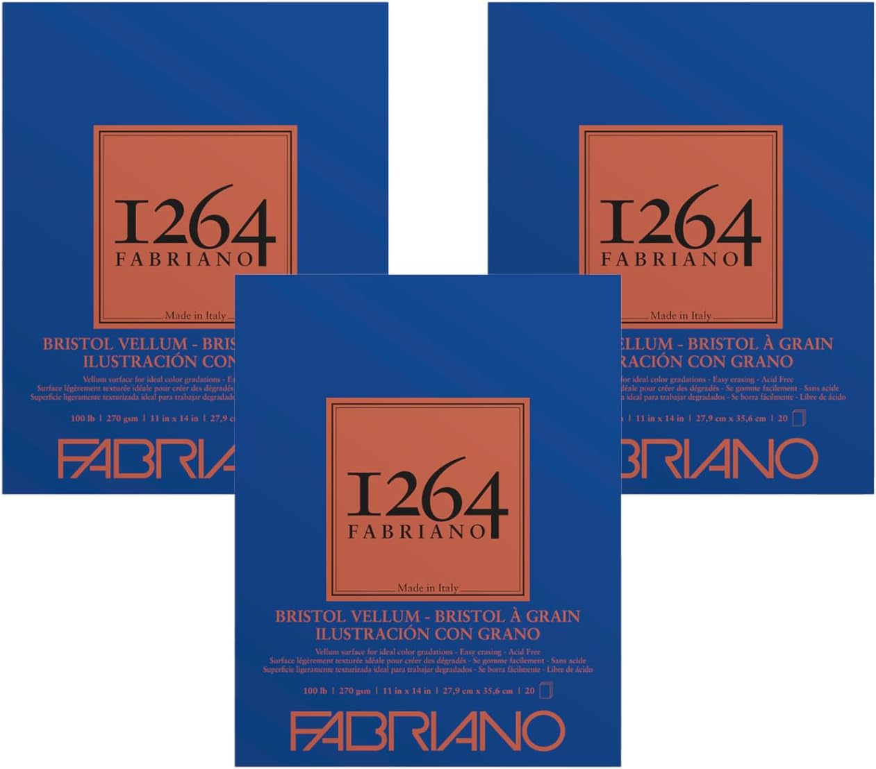 Fabriano 1264 Bristol Vellum Pad, 18" x 24", Glue Bound, 100 lb., 3-Pack