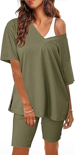 Miniatura 3 de Glamaker Women 2 Piece Outfits 2024 Lounge Short Sets V Neck Short Sleeve T-shirt Top Biker Shorts Casual Sweatsuit